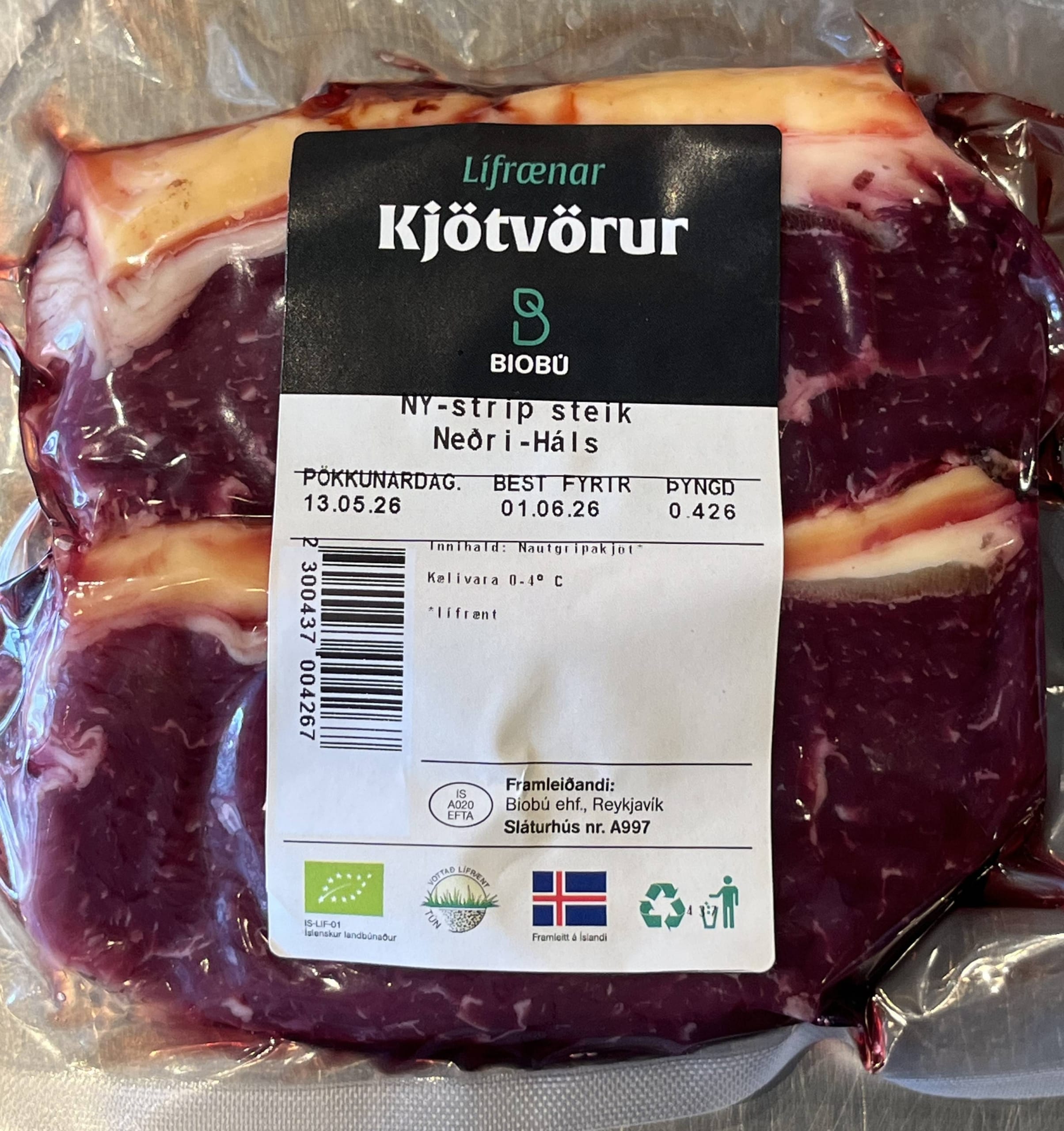 Ferskt lífrænt NY-strip frá Neðra-Hálsi